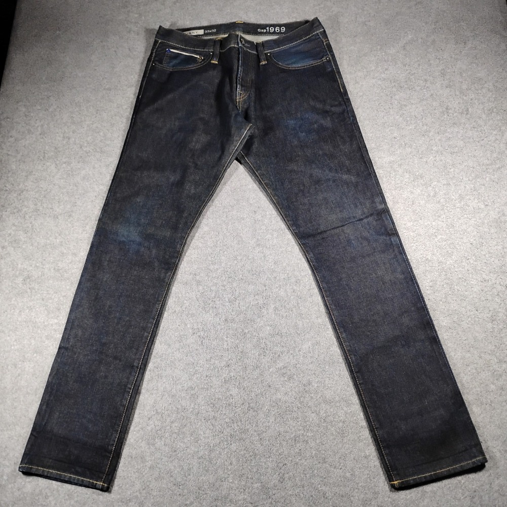 Gap 1969 Skinny Jeans Mens Selvedge 33x32 Dark Indigo Resin Rinse 100% Cotton